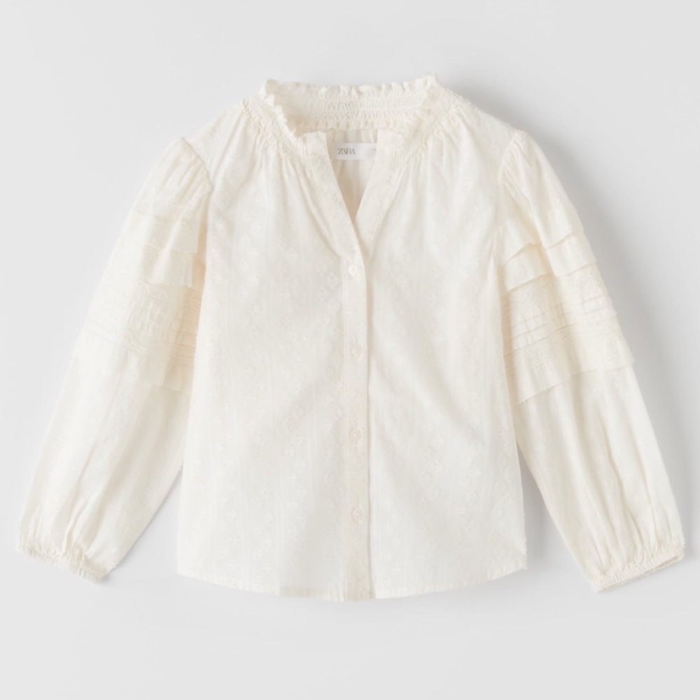 Zara Girls NWT Romantic Plumetis Shirt with Pintucks Ecru Cream White 7
